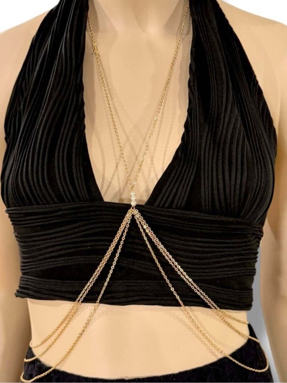 Gold Pearl Lariat Y Necklace Body Chain Dainty Draped Waist Harness